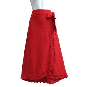 Sezane Wrap Midi Skirt Red Scallop & Eyelet Edges Tulip Hemline 36 US4